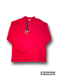 a red long sleeved shirt with an image of mickey mouse on it